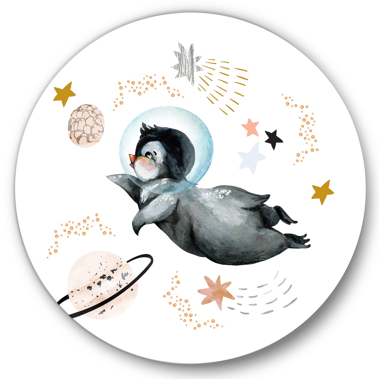 Designart - Little Penguin Flying Stars and Planets II - Farmhouse Metal Circle Wall Art